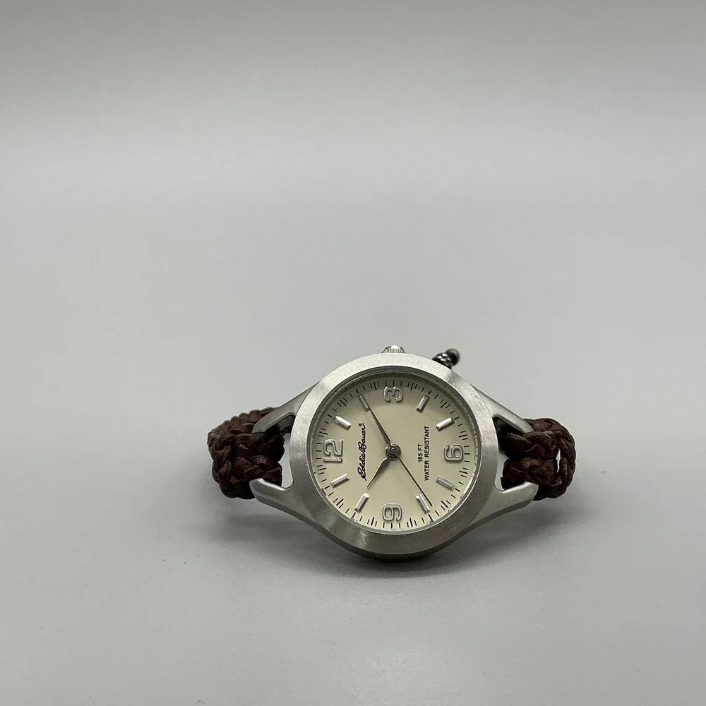 Eddie Bauer Womens Watch 27mm Cream Dial Brown Braided Leather New Battery 6.75